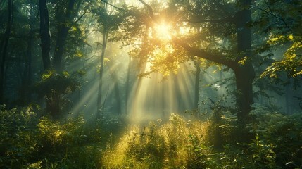 Morning luminescence in a dense, dewy forest