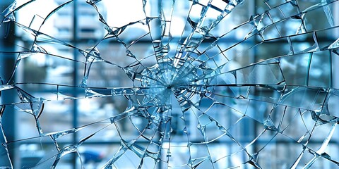 Closeup of damaged office window with shattered glass from vandalism or accident. Concept Broken Glass, Vandalism, Office Damage, Close-up Photography