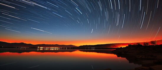 Astro photography captures circular star trails over Mandan Lake in Rajpipla, Gujarat, providing a stunning copy space image.
