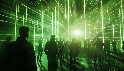 Fototapeta premium The room is filled with neon lights and the people are all dressed in black