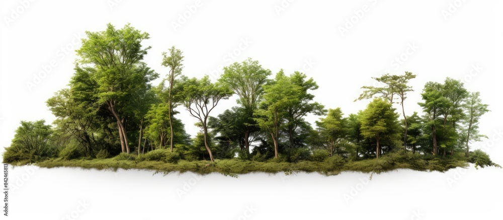 Poster a row of trees and shrubs isolated on a white background, showing a forest scene with luscious green