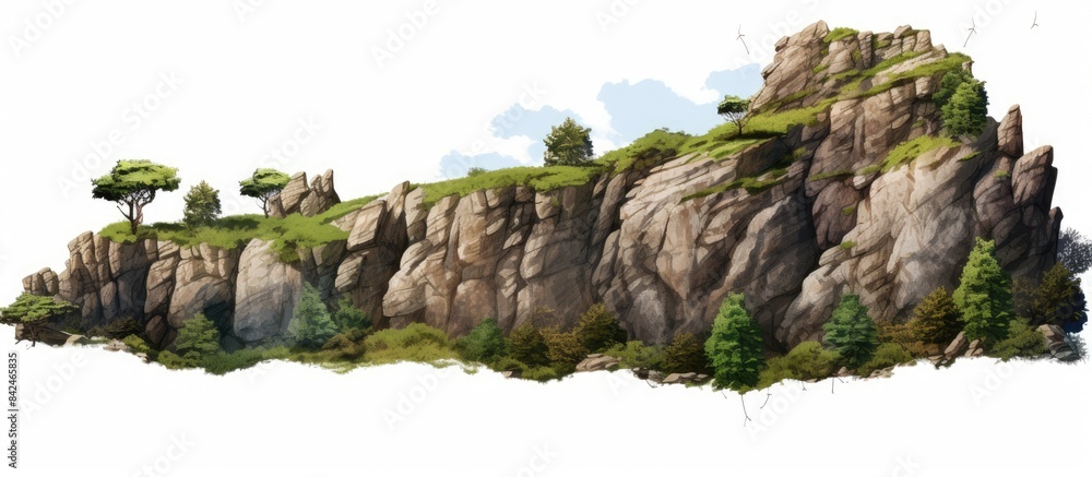 Poster a picture of trees, rocks, and stones on a mountain with a white background is available for use as 