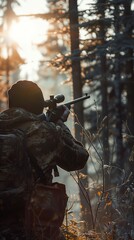 Hunter Aiming Rifle in Forest at Sunrise