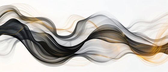 An elegant abstract composition featuring black, white, and gold fluid lines, creating a sophisticated and dynamic visual effect against a light background