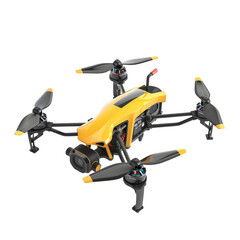 High-tech drone with yellow body and propellers transparent background