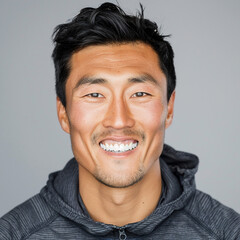 Fototapeta premium Headshot of a smiling Mongolian man in athleisure/sporty clothes 