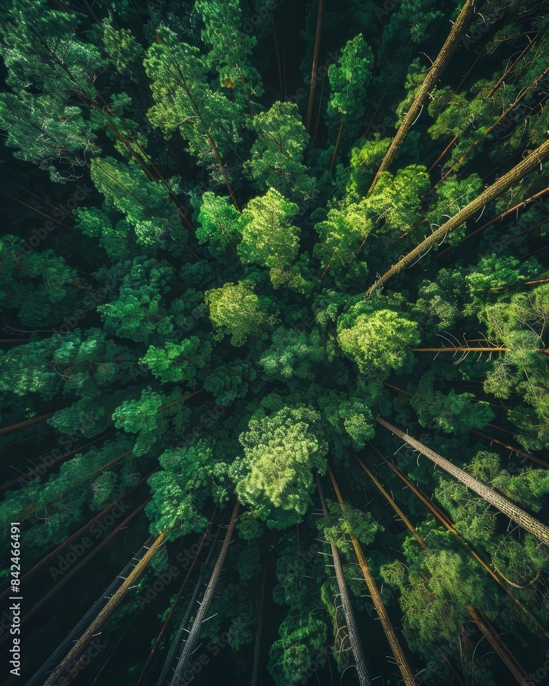 Poster skyward view of towering trees in a dense forest