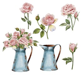 Watercolor floral illustration . Pink flowers roses in rusty jug.  Perfect wedding stationary, greetings, fashion, background. For fabric textile design or Product packaging