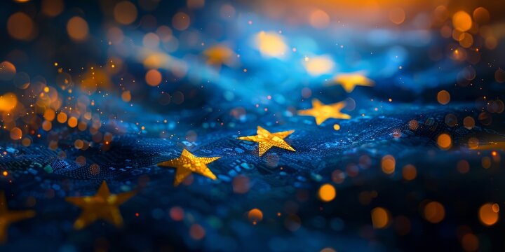 European Union Flag With Golden Stars and Bokeh Lights. Generative AI