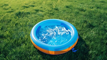 Inflatable Pool Filled With Water on Green Grass on a Sunny Day