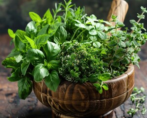 Fototapeta premium Green Herbs. Edible Parsley, Thyme, and Oregano Bunch in Wooden Mortar