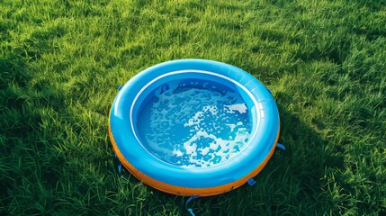 Inflatable Pool Filled With Water on Green Grass in a Backyard