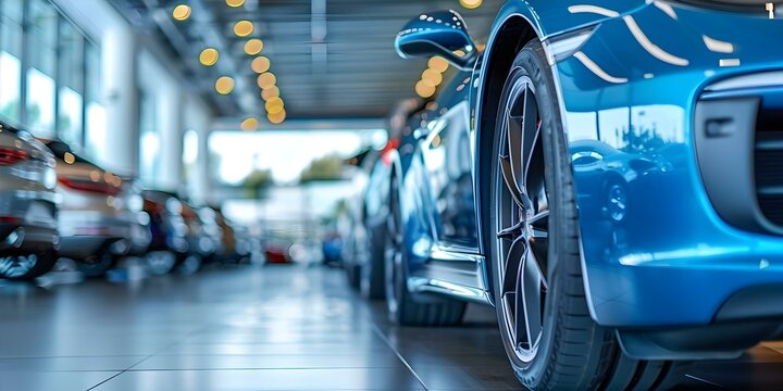 Closeup of cars in busy dealership showroom with vehicles for sale. Concept Car Dealership, Showroom, Vehicle Sales, Close-up Shots, Busy Environment