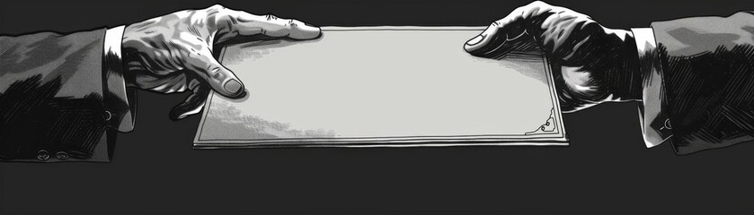 Hands holding a confidential file, Retro, Black and white, Illustration, Old spy movie feel