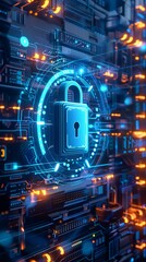 Obraz premium A digital lock interface on a holographic screen, Cybersecurity, Blue, Digital, Advanced and interactive