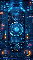 Fototapeta premium Futuristic digital lock interface with glowing blue and orange elements, featuring intricate circuitry and security symbols, representing advanced cybersecurity technology and data protection. 
