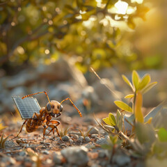 Naklejka premium ant carrying solar panel; ecological energy sources; energy from the sun; sustainable, environmentally friendly house; sustainability, ecology, ecological; installing solar panels copy space for text