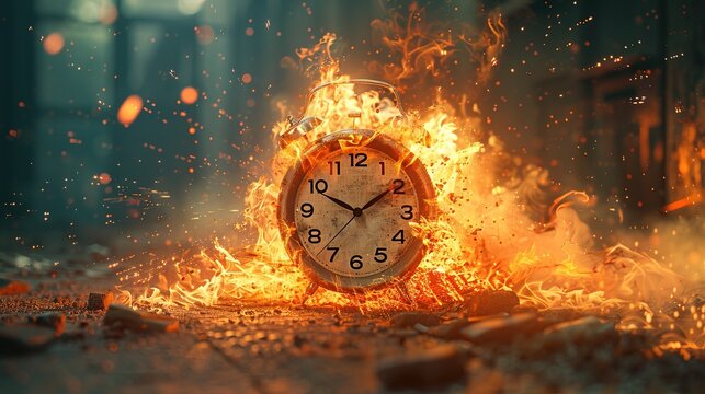 Running after time, alarm clock burning in fire, exploding rush hour, deadline pressure, urgency