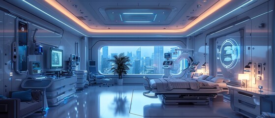 Obraz premium An artistic rendering of a robot performing surgery in a state-of-the-art medical facility. 