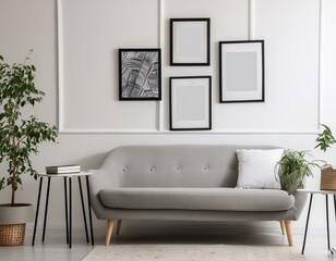 Minimalist interior with mock up photo frames on white wall