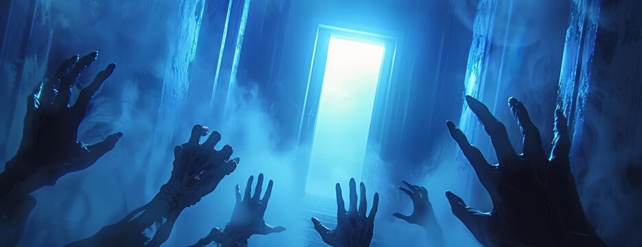 Aerial view of skeletal zombie hands stretching to an ajar door
