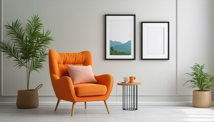 Minimalist interior with mockup picture frame wall orange armchair small table. Concept Mockup Design, Minimalist Interior, Picture Frame Wall, Orange Armchair, Small Table