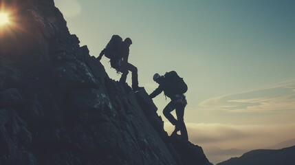 People helping each other hike up a mountain