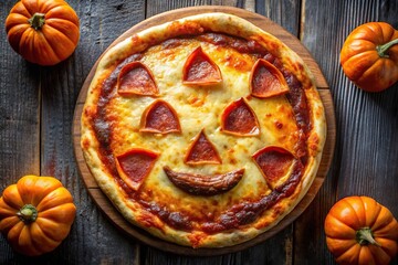 A gooey, cheesy pizza with pepperoni slices arranged to form a spooky jack-o'-lantern face, with melted cheese creating a ghostly glow, pizza, pepperoni, cheese, halloween, jack-o'-lantern