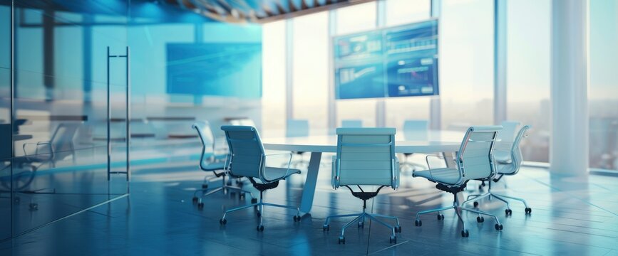 A collaborative meeting space with a round table, interactive screens, and writable surfaces for brainstorming