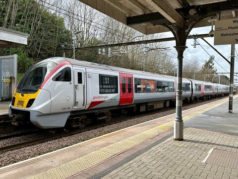 Billericay, UK - March 15, 2024: A Greater Anglia British Rail Class 720 Aventra train pulling in to Billericay railway station, Essex, UK. 