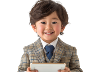Happy child in a plaid suit holding a tablet, smiling widely. Charming portrait showcasing joy, modern technology, and youthful energy.