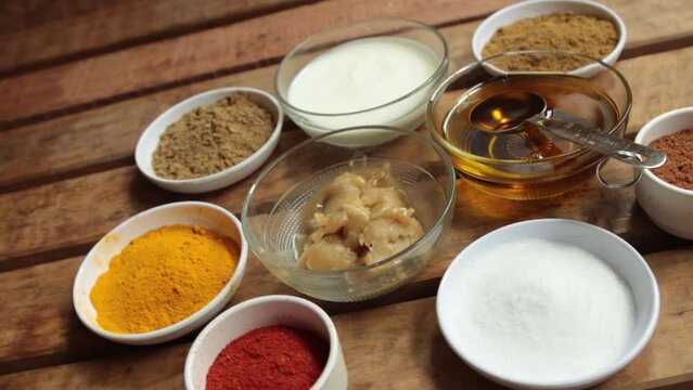 ghee, salt, mustard oil, Yogurt, turmeric, jeera powder, red chilly, coriander, hot spices, Cumin powder