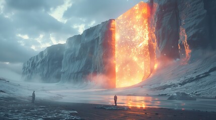 Two Figures Standing Before A Massive Burning Crack In The Ice Wall