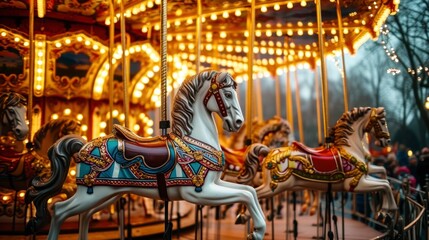 The excitement of a merry-go-round with white horses at the fairgrounds