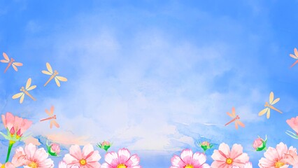 秋のコスモスと青空の水彩背景イラスト　壁紙 © きだ