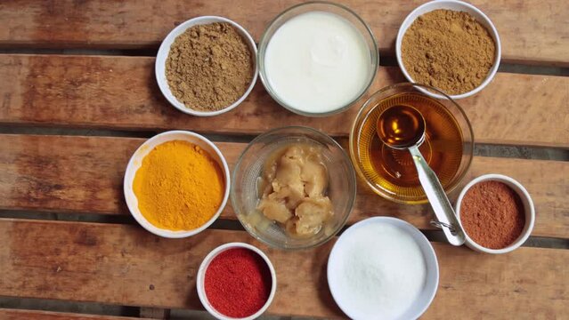 ghee, salt, mustard oil, Yogurt, turmeric, jeera powder, red chilly, coriander, hot spices, Cumin powder