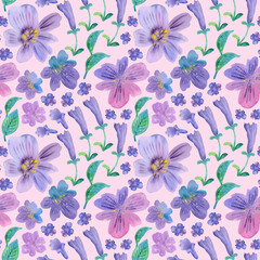 Seamless pattern of hand drawn watercolor flowers floral lilac plants, leaves. Drawing summer Botanical greenery. Herb flower illustration on pink background. For fabric, wallpaper, wrapping decor