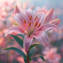 Fototapeta premium Exquisite Pink Lily Flower with Yellow Stamen on Soft Bokeh Background - Realistic 8k HD Photography