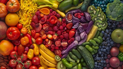 A heart crafted from vibrantly colored fruits and vegetables, with each segment representing a different health benefit for the heart.