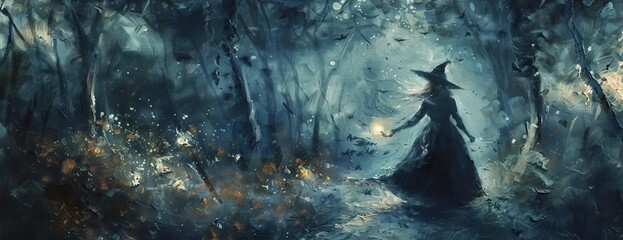 Anonymous Halloween witch girl in a distant shot, using witchcraft with ethereal light in her hands, surrounded by a mysterious dark forest, traditional oil painting, haunting vibe