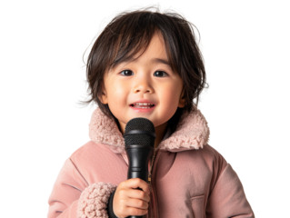Adorable child holding a microphone, dressed warmly in a pink coat, ready to sing or speak with a cheerful expression.