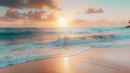 Tranquil Sunset Over Turquoise Ocean Waves.