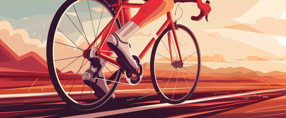 Fototapeta premium A cyclist riding their bike on the road, illustration with flat vintage design style