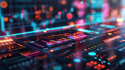 Closeup of an AI dashboard displaying stock market data with colorful graphs and charts,