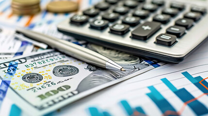 A calculator and financial charts on an office desk, with a laptop in the background, displaying graphs of growth data.