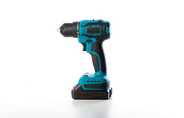 Modern cordless drill-driver on a white background, isolate. Modern screwdriver with quick-release chuck. Copy space for text