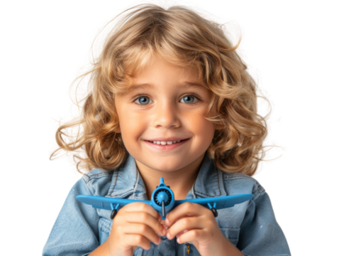 Happy curly-haired child holding a toy airplane, smiling joyfully, isolated on a white background.