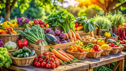 Vibrant colorful array of fresh organic vegetables artfully arranged on a rustic wooden farm stall on a sunny summer day at an outdoors eco market.