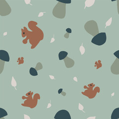 Vector autumn pattern with squirrels and mushrooms