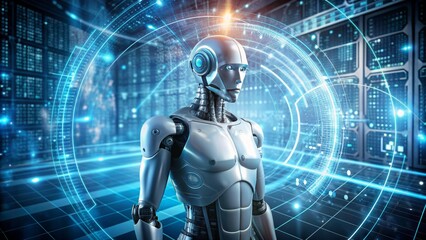 Sleek, silver-toned humanoid robot with glowing blue circuits stands amidst swirling clouds of data, surrounded by orbiting holographic graphs and flashing code streams.